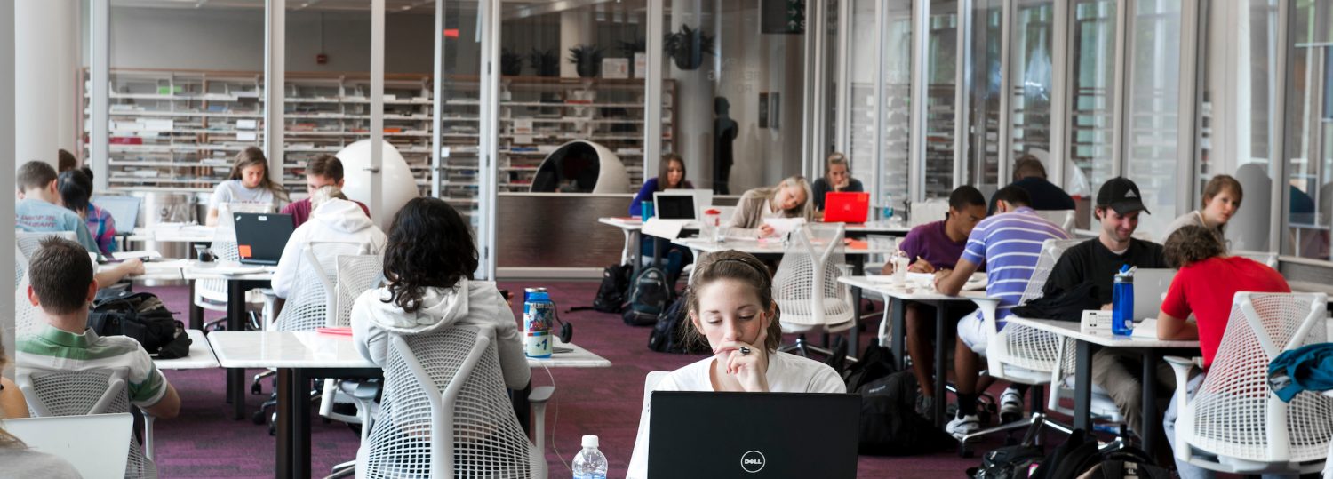 Students use the interior spaces at D.H. Library. Photo by Marc Hall